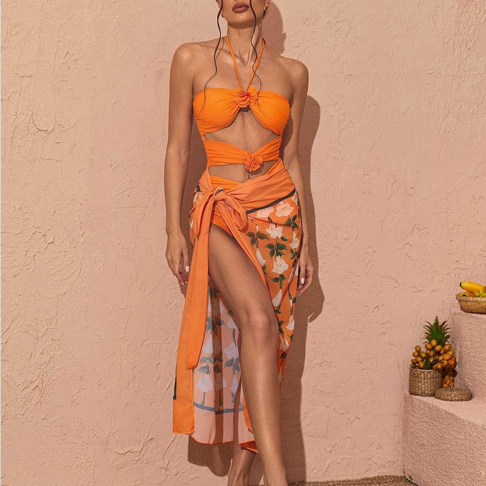 Micas NWT M Orange 3D flowers two piece bikini Swimsuit sarong maxi skirt Set